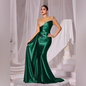 Emerald One Shoulder Gown with Sheer Sleeves